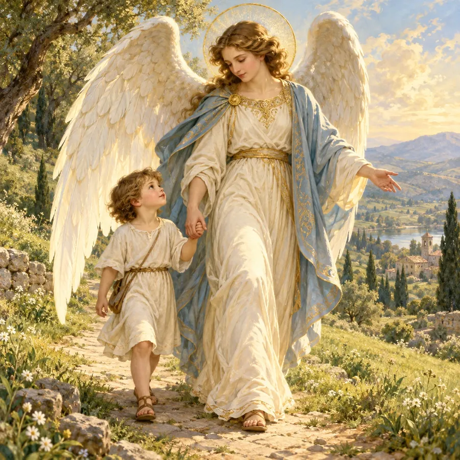 A guardian angel leads a child