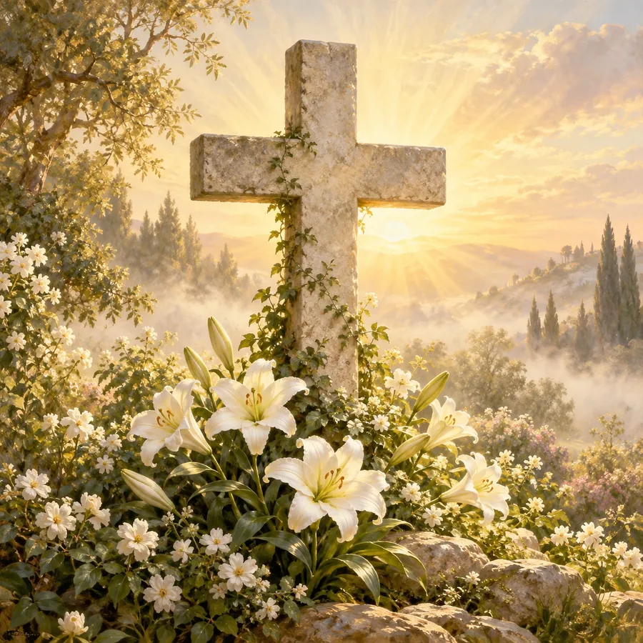 A stone cross among lilies at dawn