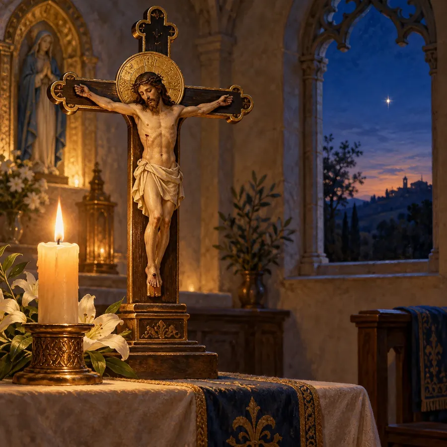 A crucifix and a candle at nightfall