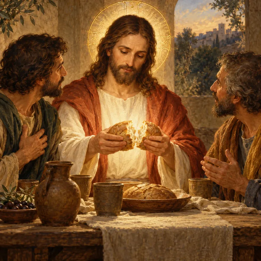 Christ breaks the bread at Emmaus